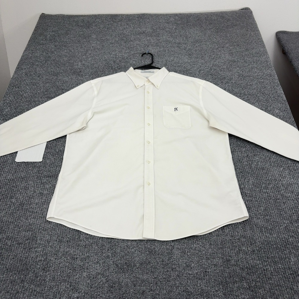 LL Bean Shirt Mens 17-33 Cream Cotton Wrinkle Free Monogram Slightly Fitted